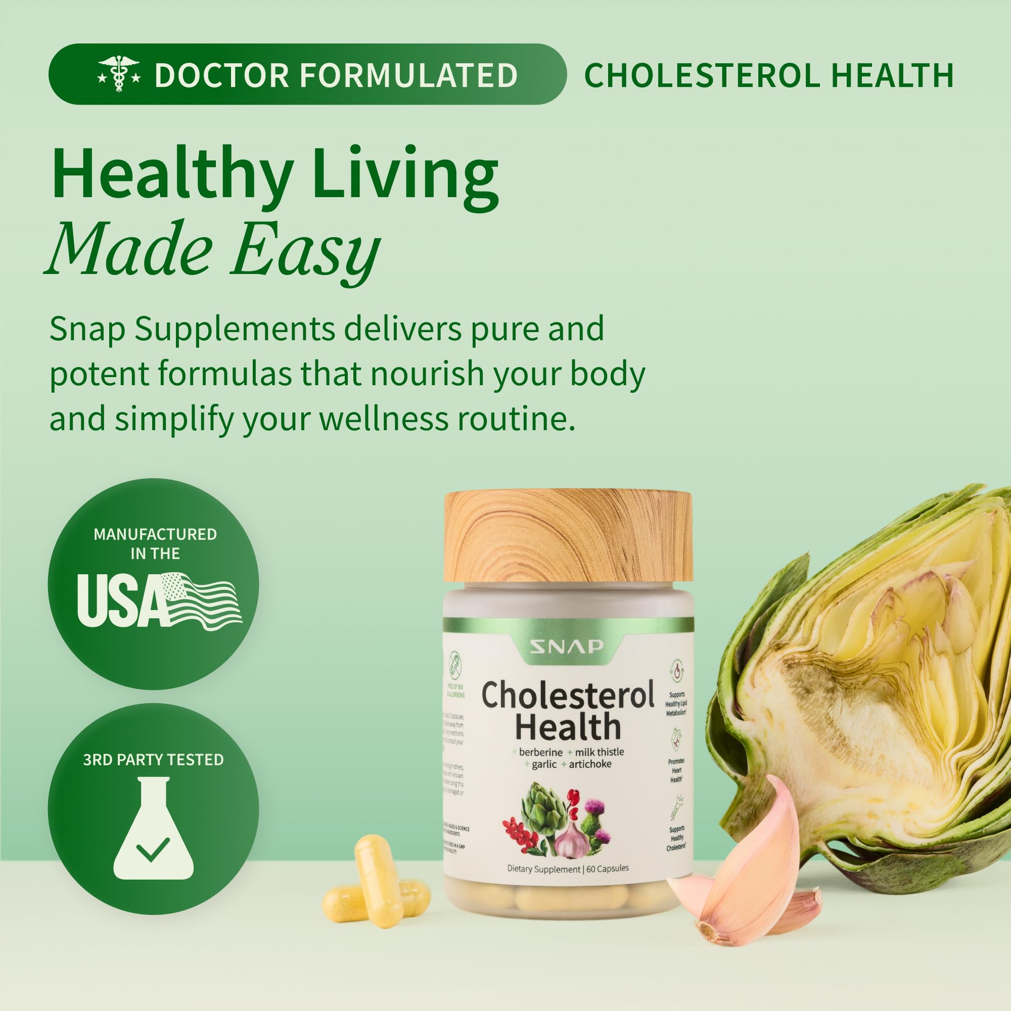 Snap Supplements Cholesterol Health - Natural Support for Heart, Liver, Digestive and Metabolic Health, 60 Vegetarian Capsules (30 Servings, 1 Month Supply)