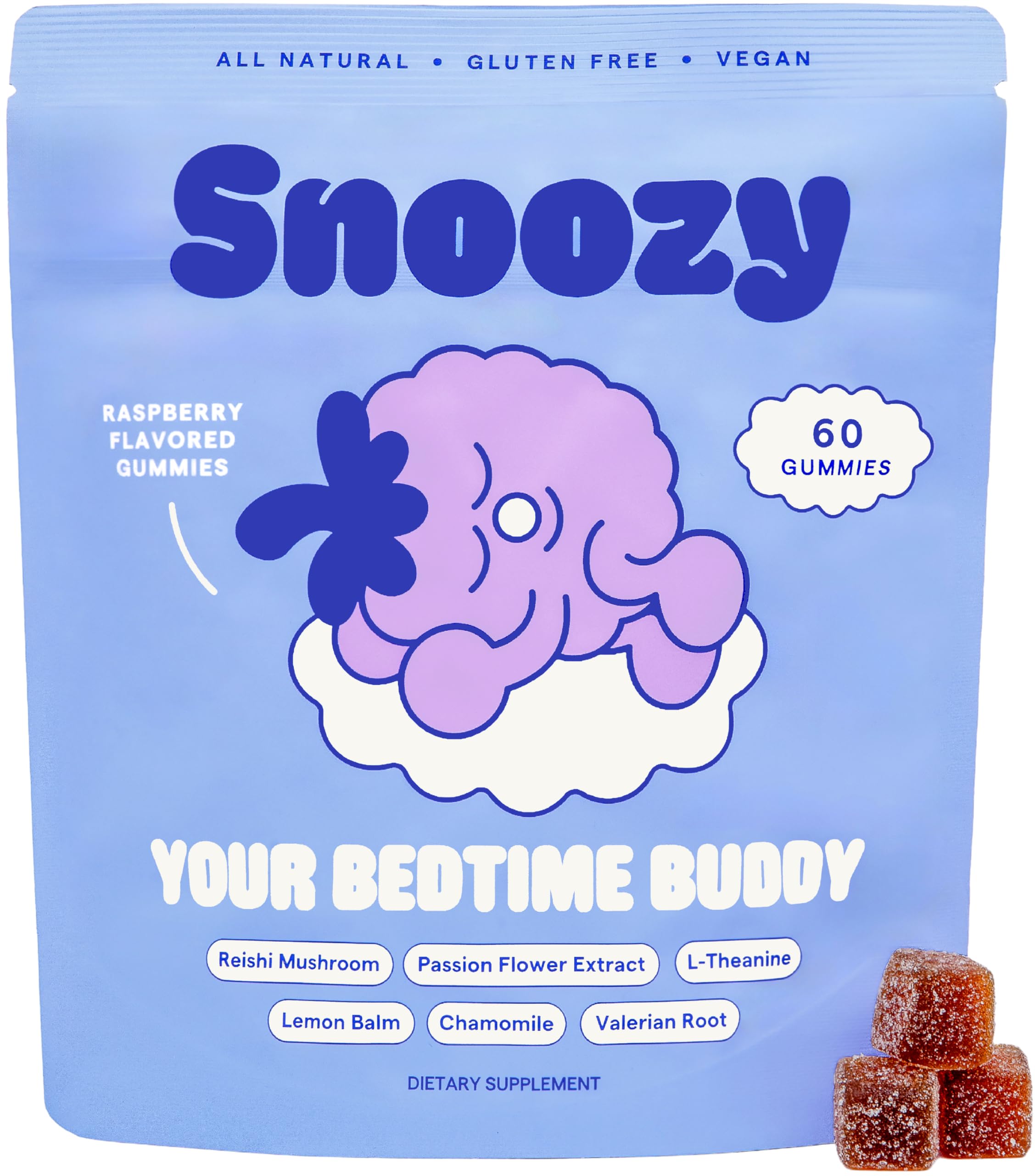 Snoozy Bedtime Buddy: Reishi Sleep Gummies - Melatonin-Free, Raspberry, 60 Gummies