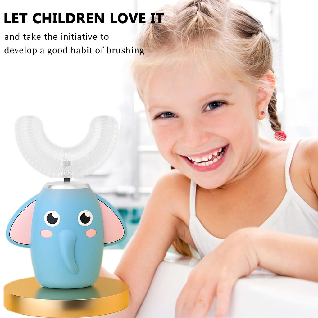 SNOWROSE Kids Electric Toothbrush – U-Shaped, 360° Cleaning, IPX7, 2 Heads, 3 Modes (Ages 2-12, Blue)