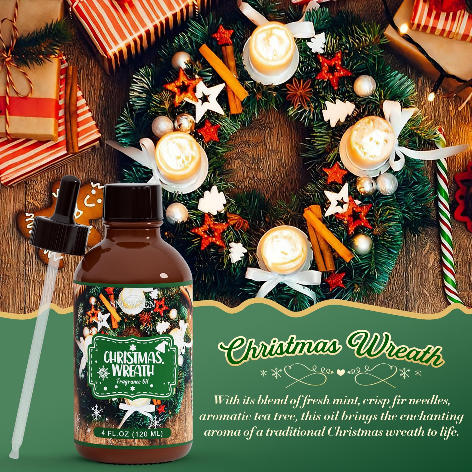 SNOWSEN Christmas Wreath Fragrance Oil 4 Fl Oz – Undiluted Winter Essential Oil with Glass Dropper