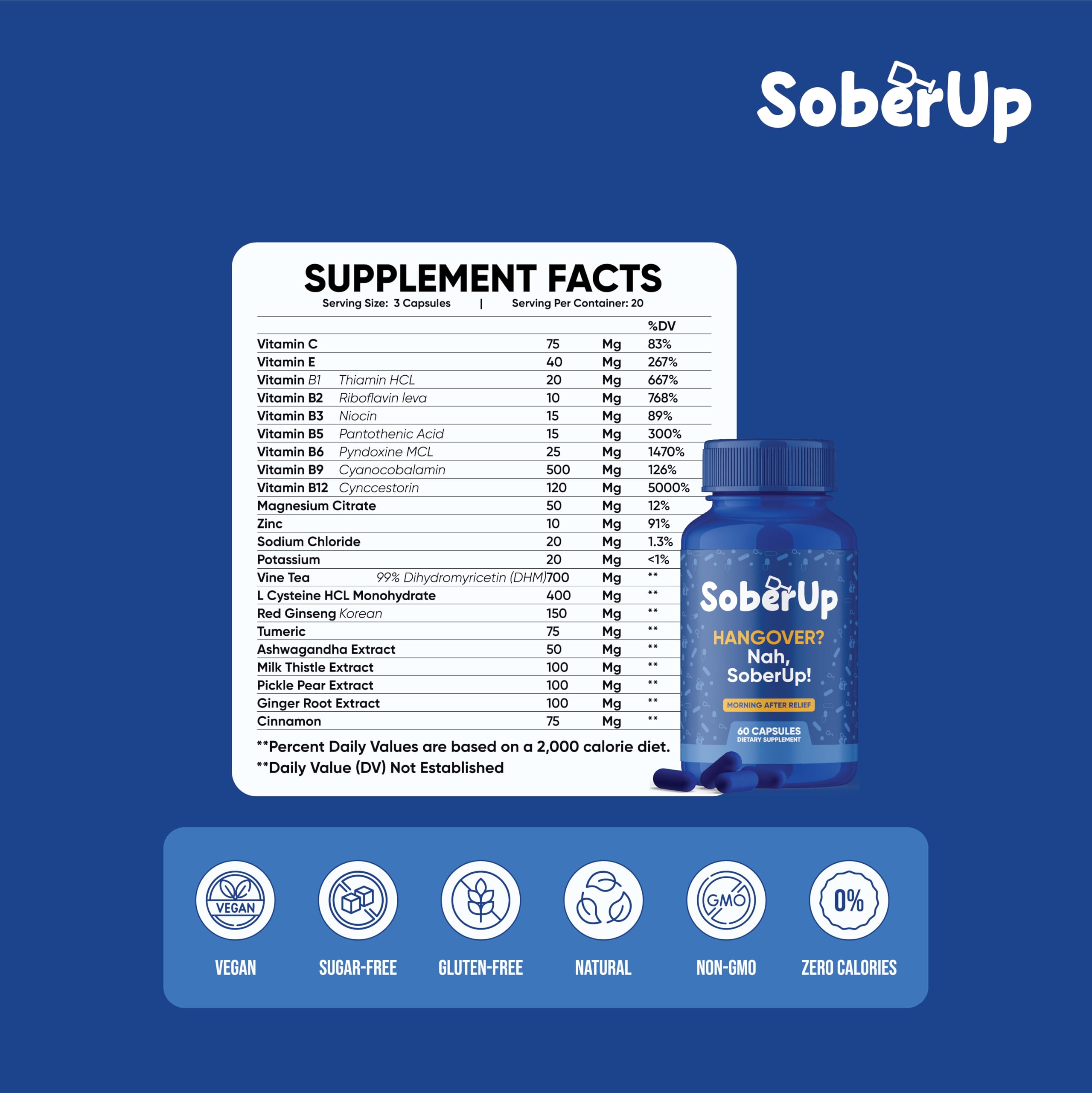 SoberUp Recovery Boost – Hydration, Electrolytes, Antioxidants | Vegan, 60 Count