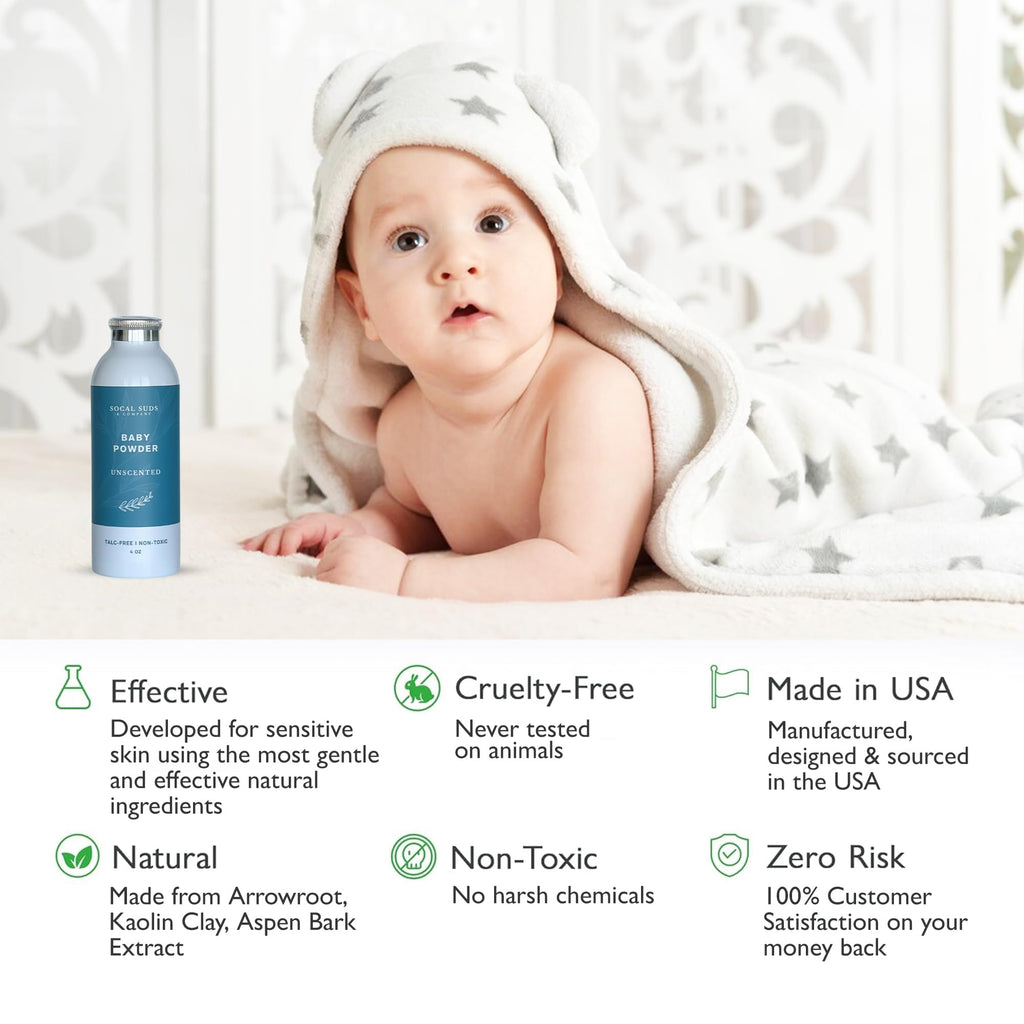 SoCal Suds & Company - Talc-Free Natural Baby Powder (4oz) Unscented with Arrowroot, Kaolin & Aspen Bark