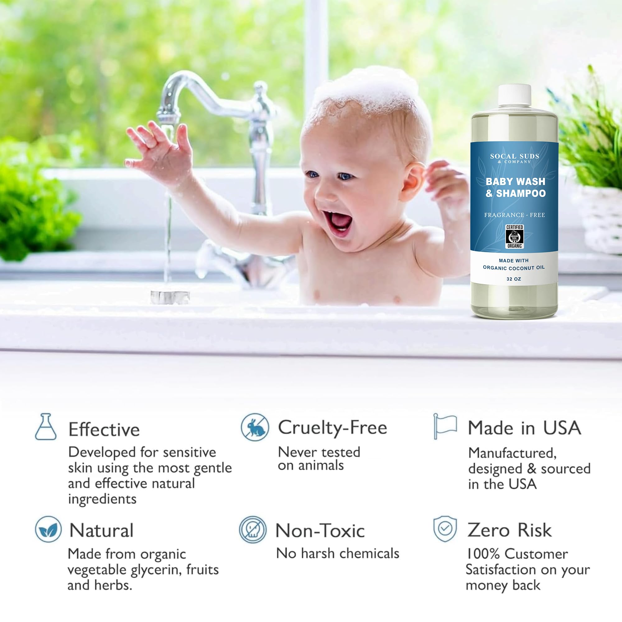 SoCal Suds & Company 2-in-1 Organic Foaming Baby Wash & Castile Shampoo Refill - Fragrance-Free, 32oz