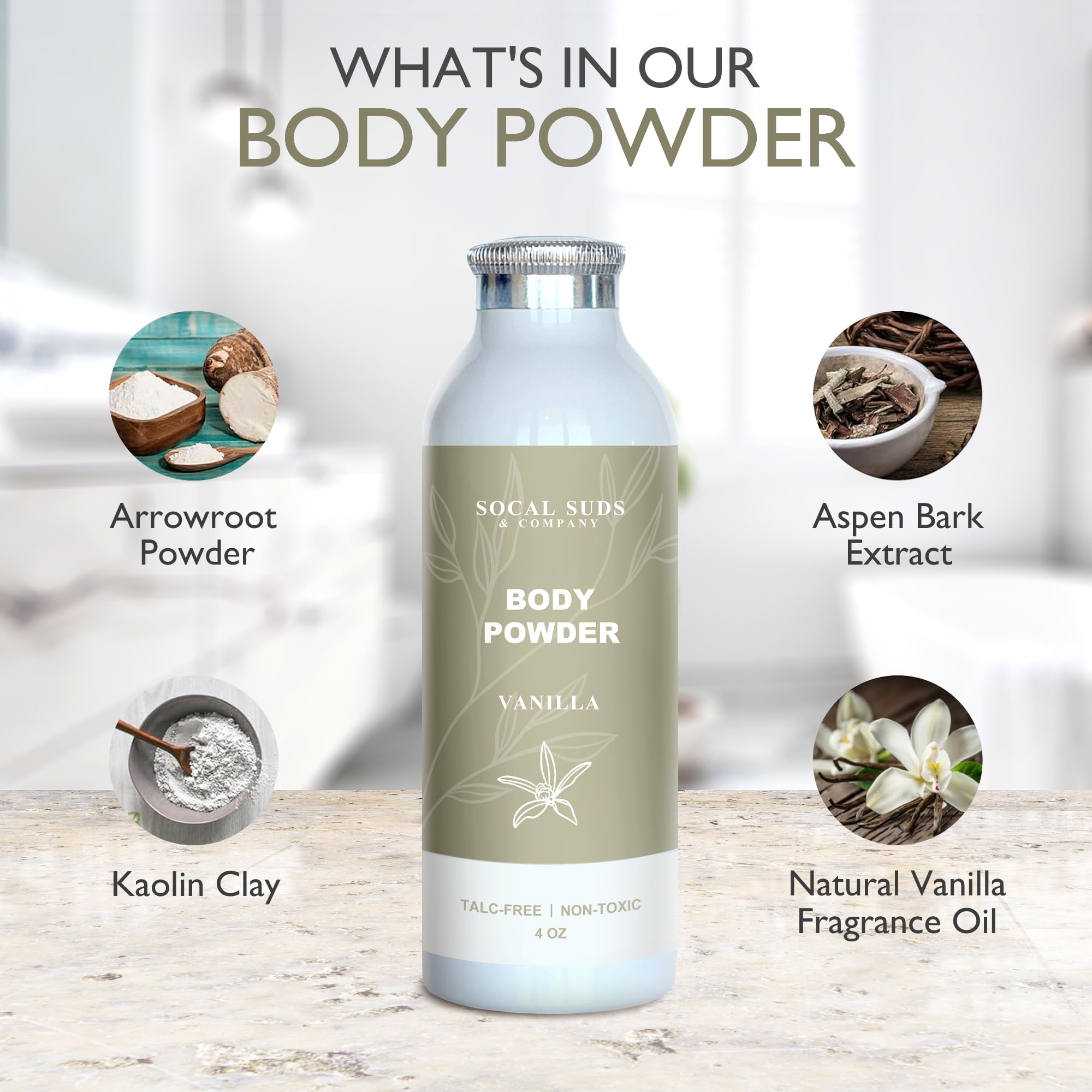 SoCal Suds & Company - Natural Body Powder Talc-Free with Arrowroot, Kaolin & Aspen Bark Extract - Vanilla 4oz