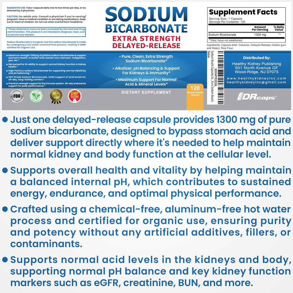 Sodium Bicarbonate Capsules 1300mg Extra Strength | Organic Use, Aluminum-Free, Delayed-Release