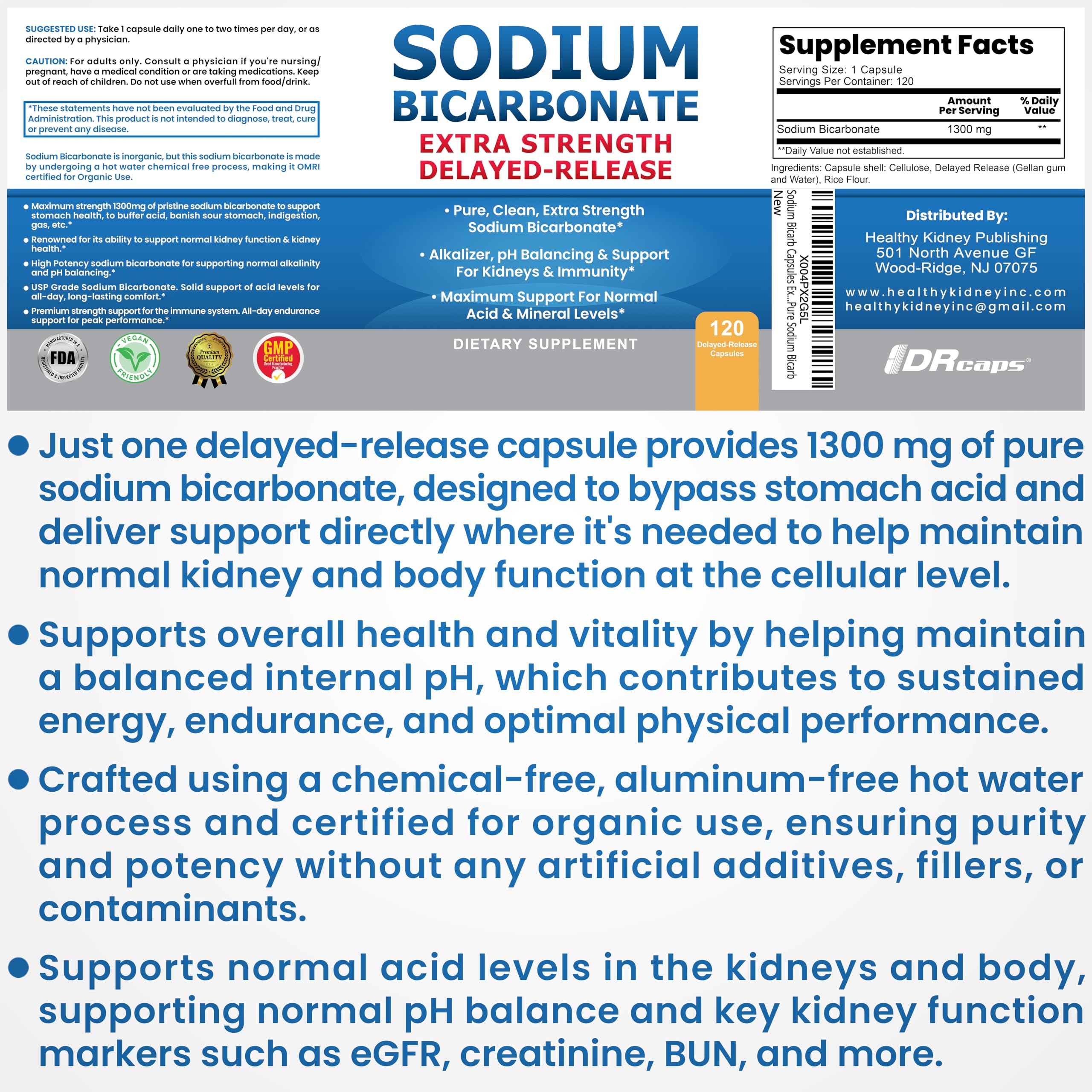 Sodium Bicarbonate Capsules 1300mg Extra Strength | Organic Use, Aluminum-Free, Delayed-Release