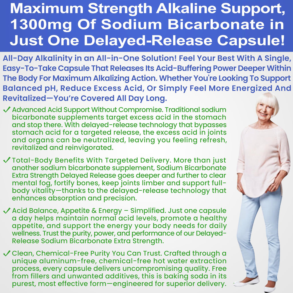 Sodium Bicarbonate Capsules 1300mg Extra Strength | Organic Use, Aluminum-Free, Delayed-Release
