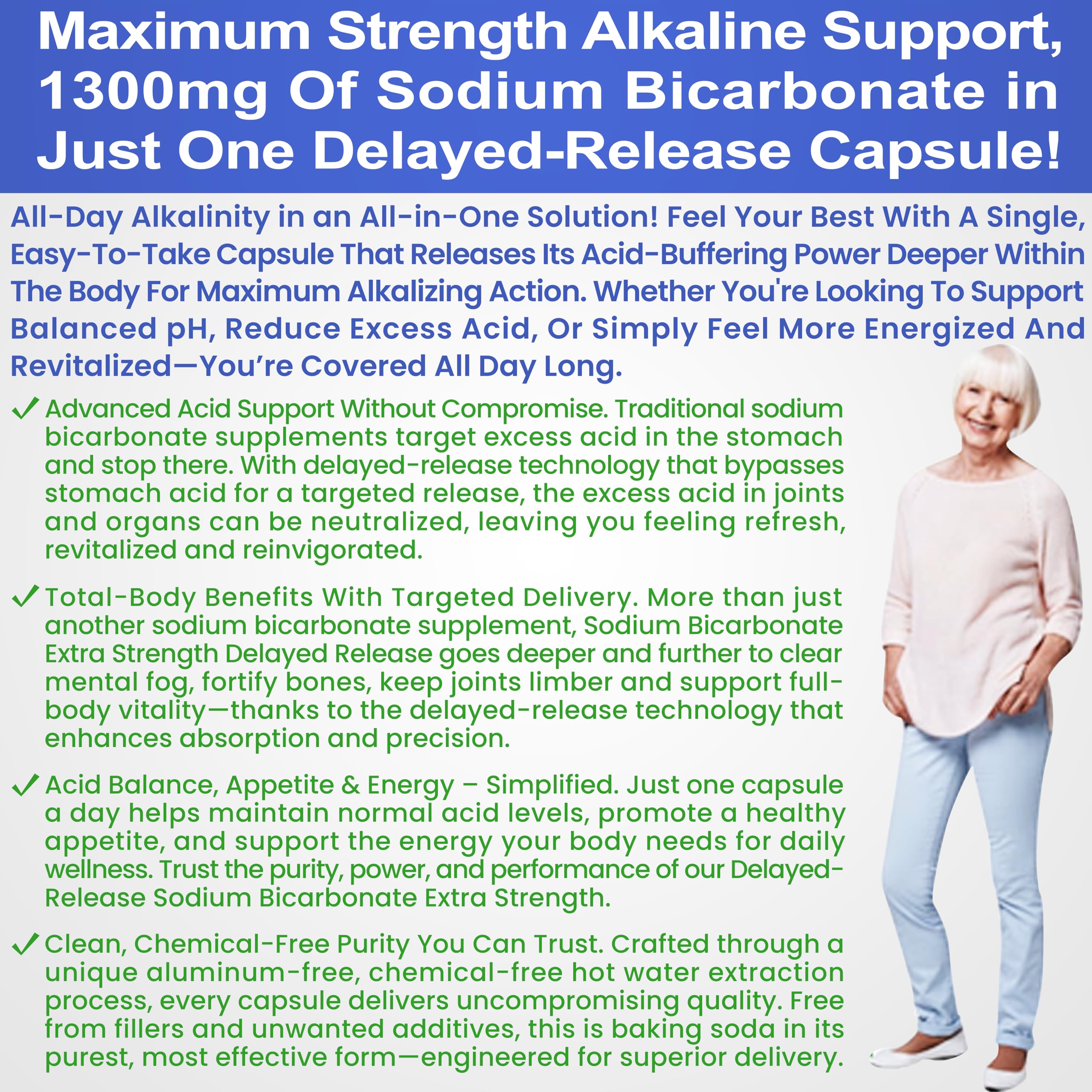 Sodium Bicarbonate Capsules 1300mg Extra Strength | Organic Use, Aluminum-Free, Delayed-Release