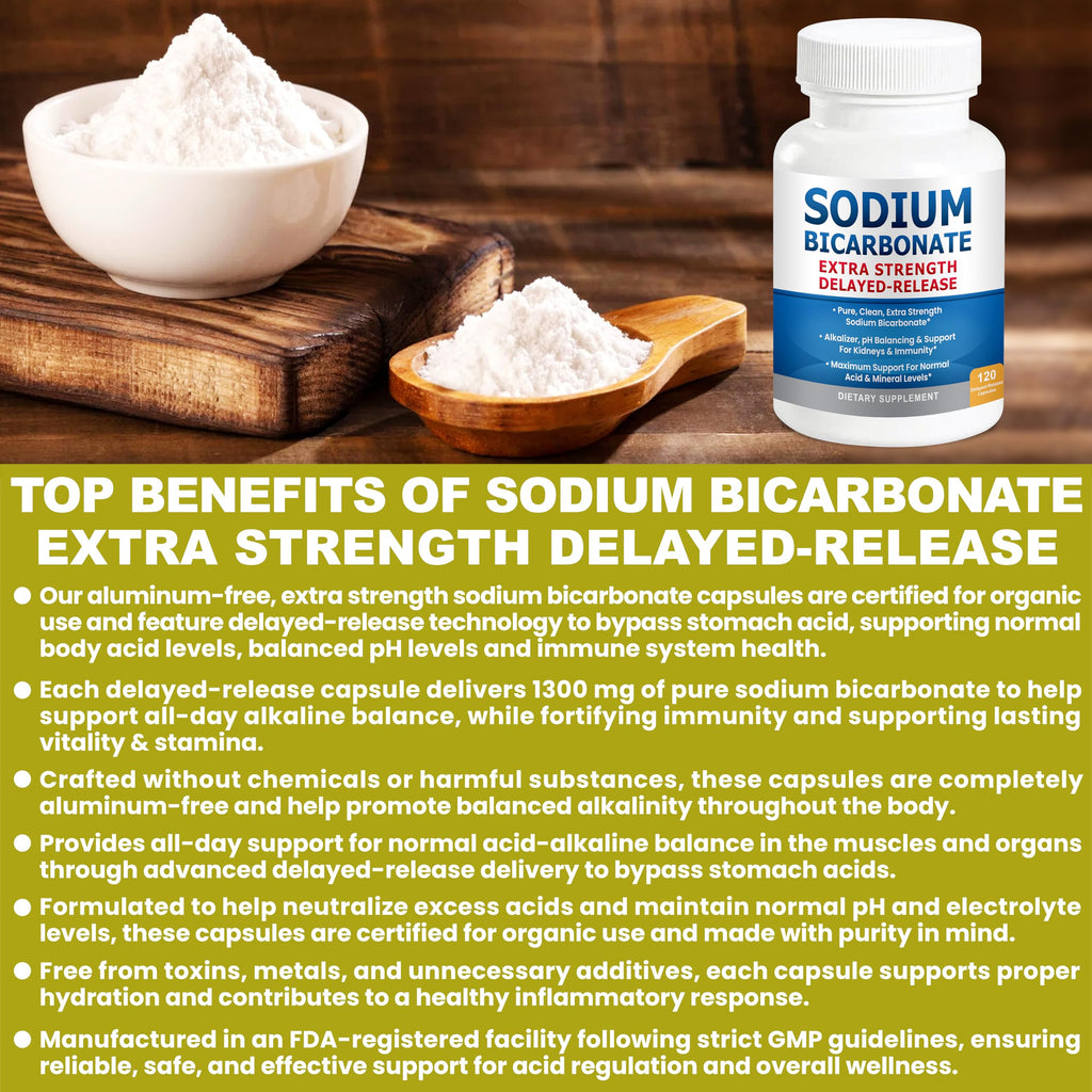 Sodium Bicarbonate Capsules 1300mg Extra Strength | Organic Use, Aluminum-Free, Delayed-Release