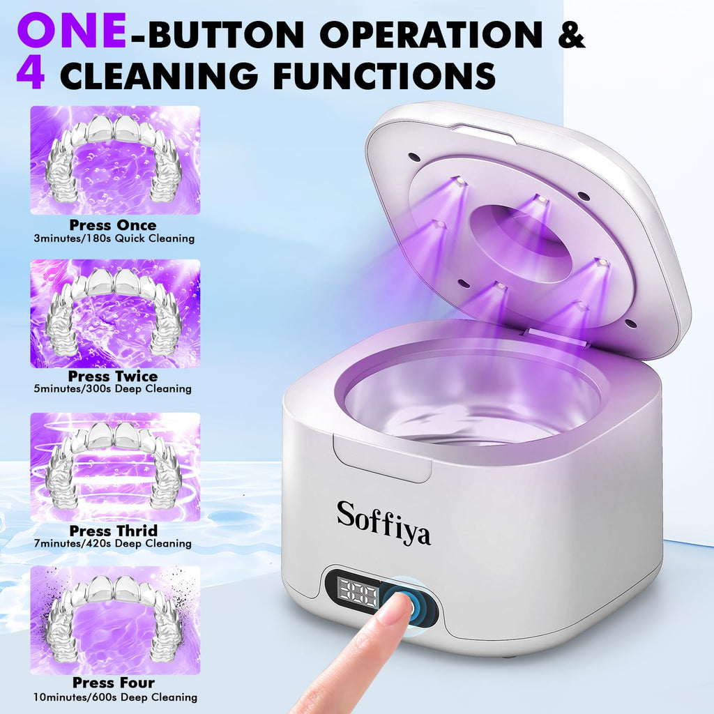 Soffiya 49kHz Dental Ultrasonic Retainer Cleaner – 350ml UV Cleaning for Dentures, Mouth Guards, Aligners & Braces
