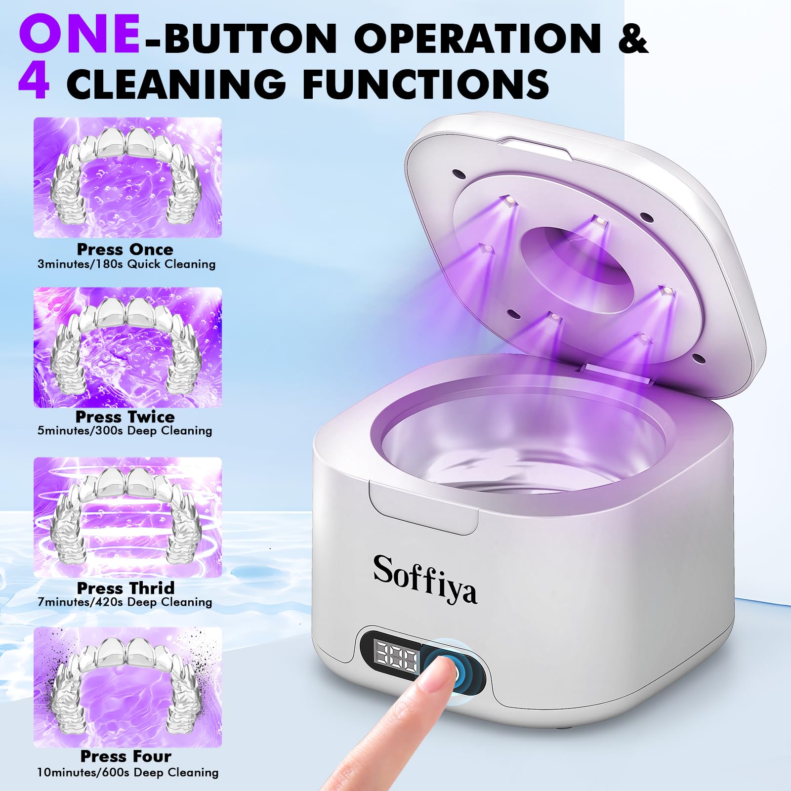 Soffiya 49kHz Dental Ultrasonic Retainer Cleaner – 350ml UV Cleaning for Dentures, Mouth Guards, Aligners & Braces