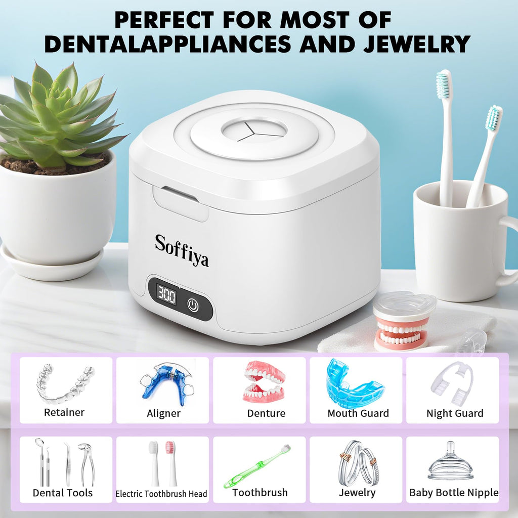 Soffiya 49kHz Dental Ultrasonic Retainer Cleaner – 350ml UV Cleaning for Dentures, Mouth Guards, Aligners & Braces