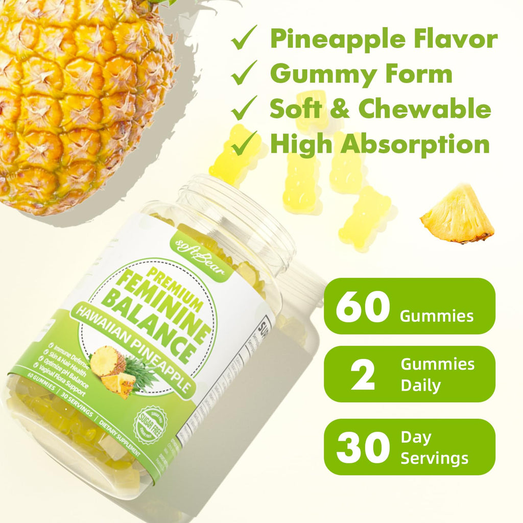 softbear Premium Feminine Balance Gummies for Women | Pineapple pH Balance | Vegan & Gluten-Free | 60 Gummies
