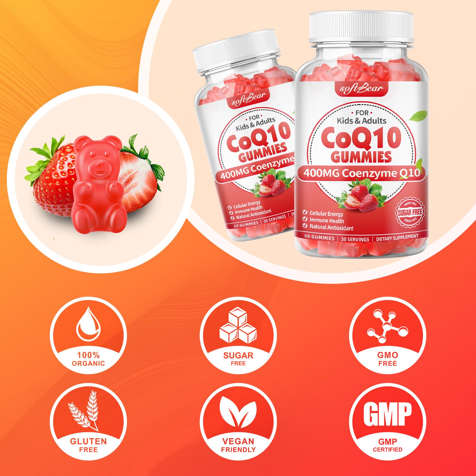 softbear CoQ10 Gummies 400mg – High-Absorption CoQ10, Omega-3 & Zinc (Strawberry, 60 Count)