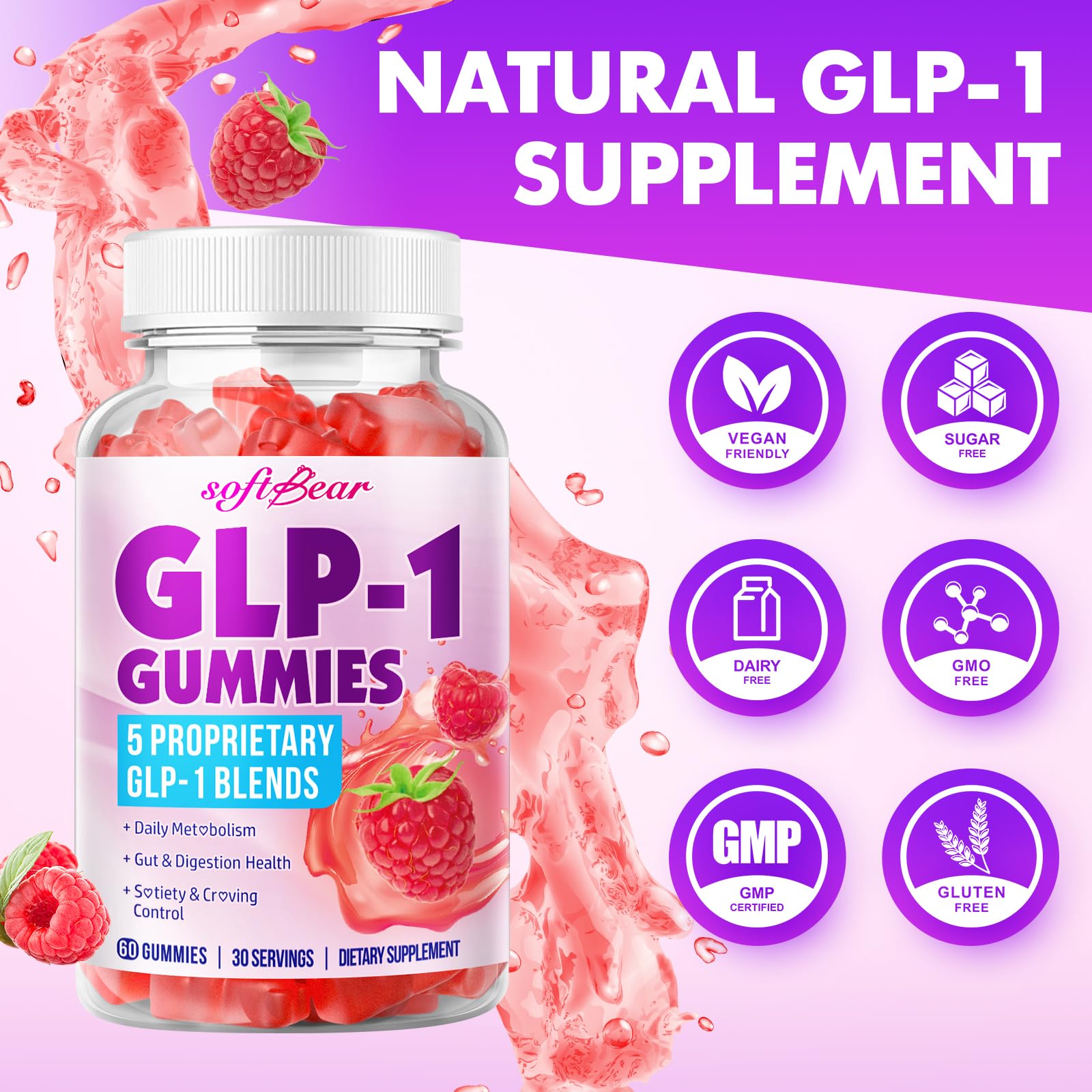 SoftBear GLP-1 Probiotic Gummies – Vegan, Sugar-Free, Gluten-Free (60 Count) | Berberine & Akkermansia for Gut & Immune Support