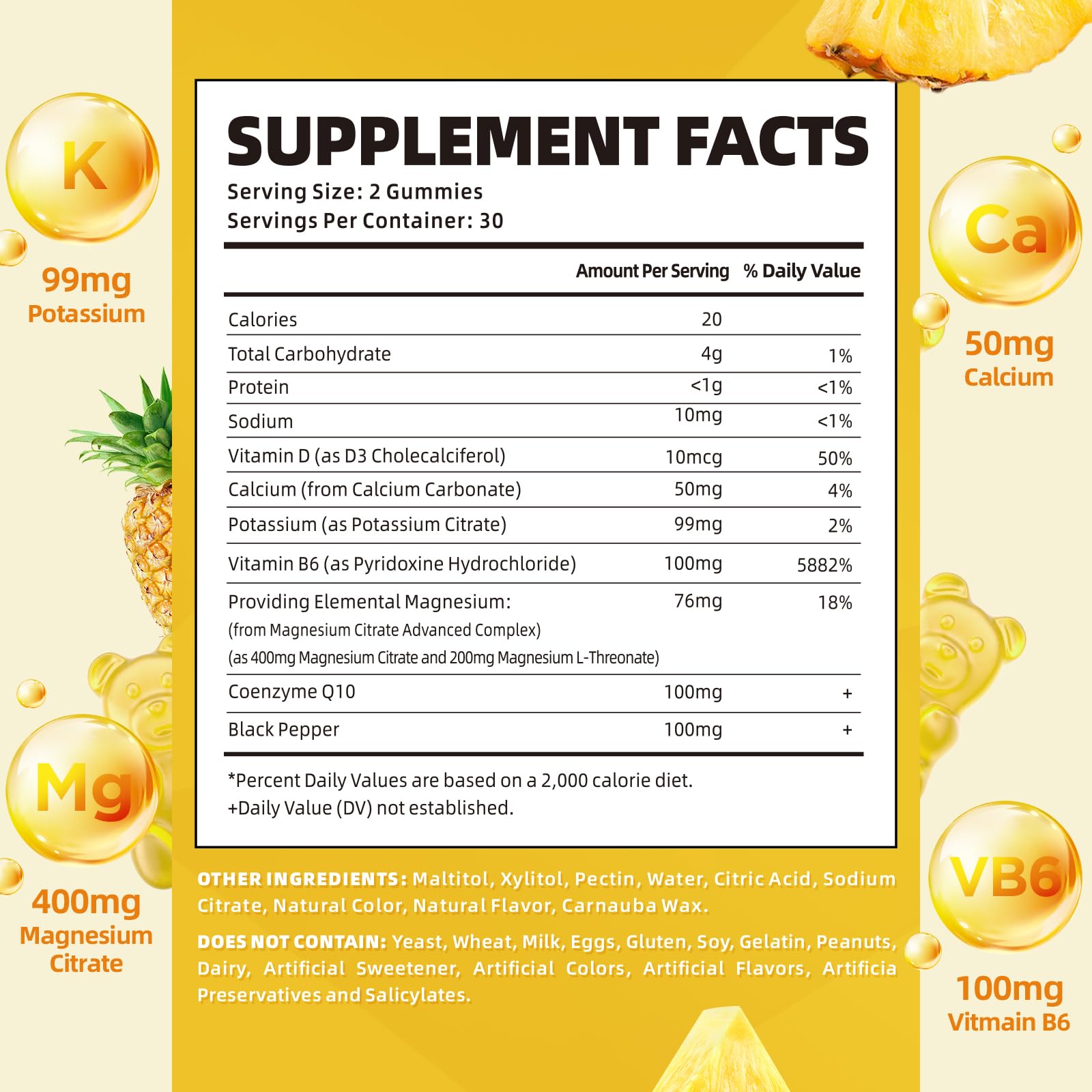 Softbear Potassium Gummies for Adults | Sugar-Free Potassium Magnesium with Vitamin B6 CoQ10 (Pineapple, 60 Gummies)