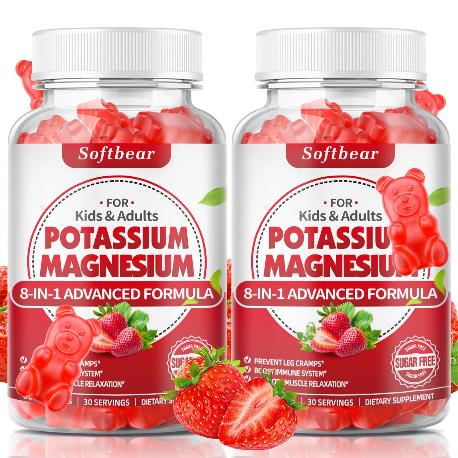 softbear Potassium Gummies for Adults – High-Absorption Magnesium & Potassium, Vitamin D3 & B6, Sugar-Free Strawberry 120 Gummies