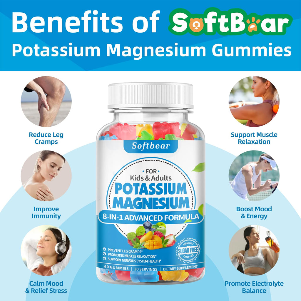 softbear Sugar Free Potassium Magnesium Gummies – 120 Count (Adults & Kids)