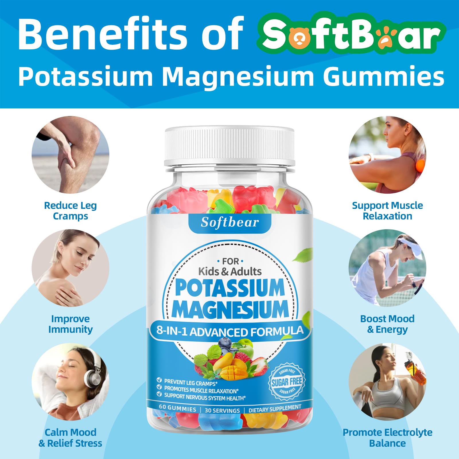 softbear Sugar Free Potassium Magnesium Gummies – 120 Count (Adults & Kids)