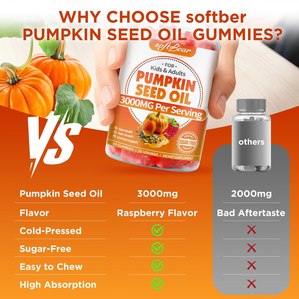 SoftBear Pumpkin Seed Oil Gummies 3000mg – Organic Pumpkin Seed Oil with Saw Palmetto for Hair Growth & Skin Health (60 Count) – Sugar-Free