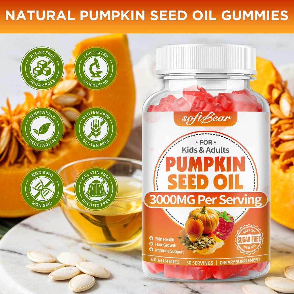 SoftBear Pumpkin Seed Oil Gummies 3000mg – Organic Pumpkin Seed Oil with Saw Palmetto for Hair Growth & Skin Health (60 Count) – Sugar-Free