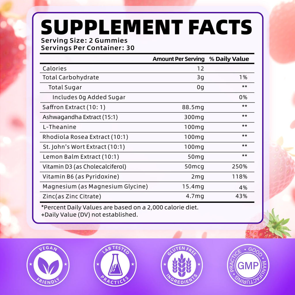 Softbear Saffron Gummies for Kids & Adults – 10-in-1 Organic Saffron, 88.5mg, Sugar Free, Non-GMO, Strawberry, 60 Count