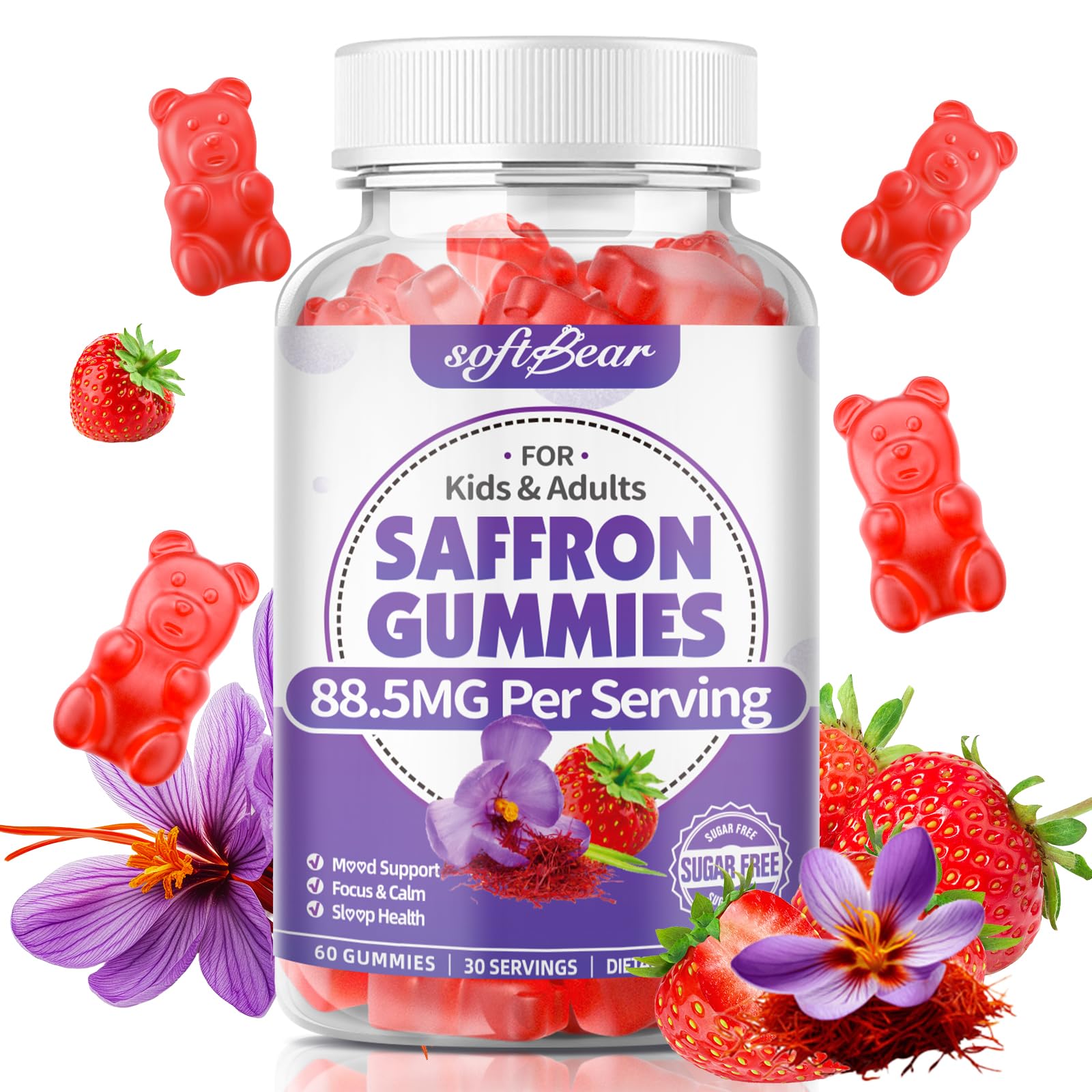 Softbear Saffron Gummies for Kids & Adults – 10-in-1 Organic Saffron, 88.5mg, Sugar Free, Non-GMO, Strawberry, 60 Count