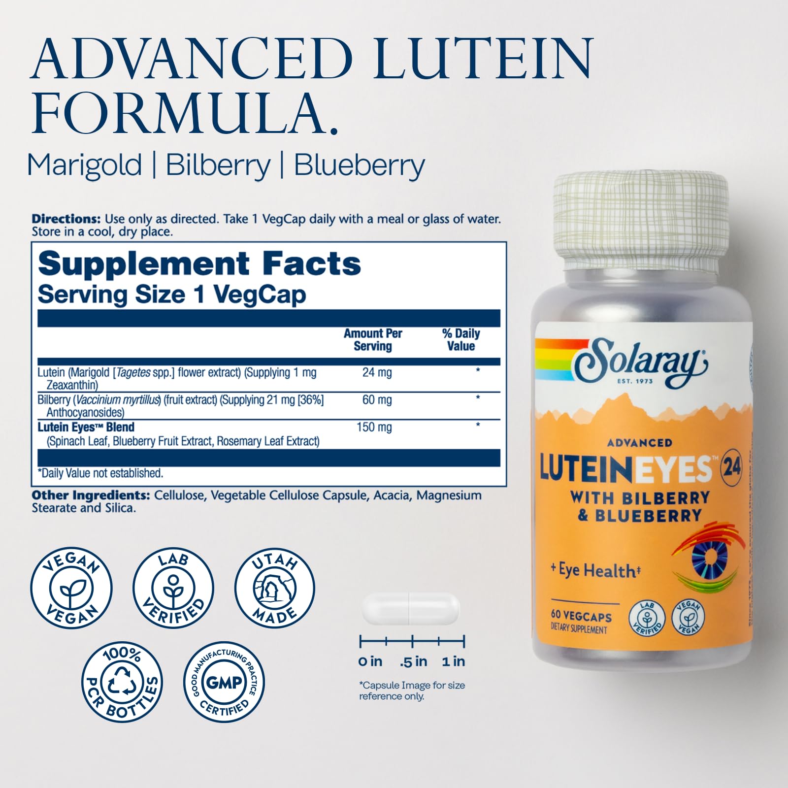 SOLARAY Advanced Lutein Eyes 24 mg – Eye Health Support with Lutein & Zeaxanthin, Bilberry & Blueberry, Vegan, 60 VegCaps