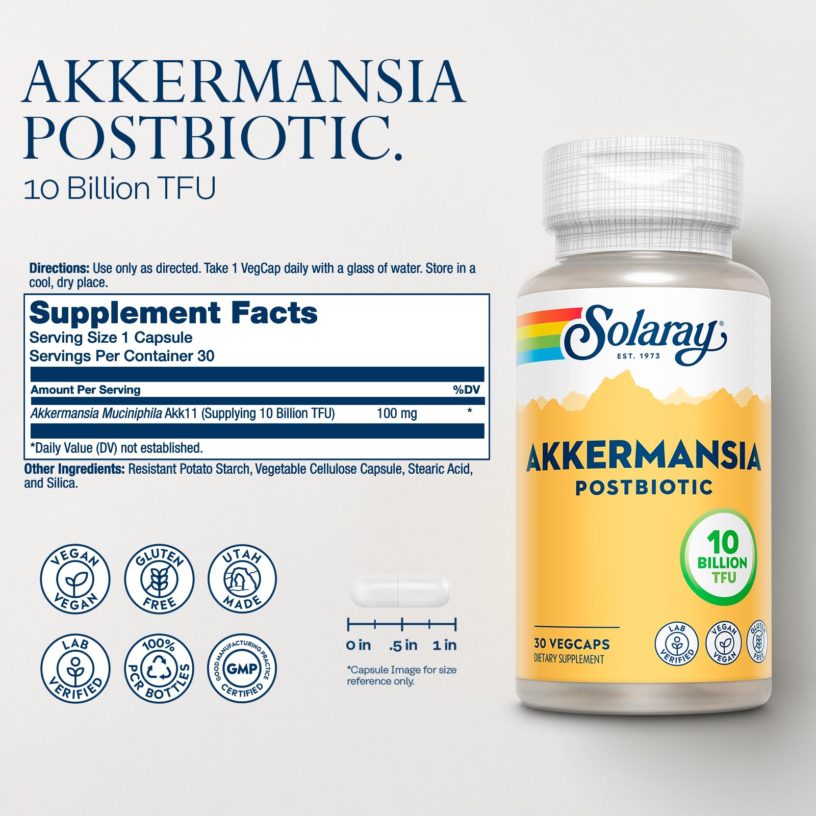 Solaray Akkermansia Postbiotic Akk11 – 10B TFU for Gut Health | Vegan & GF