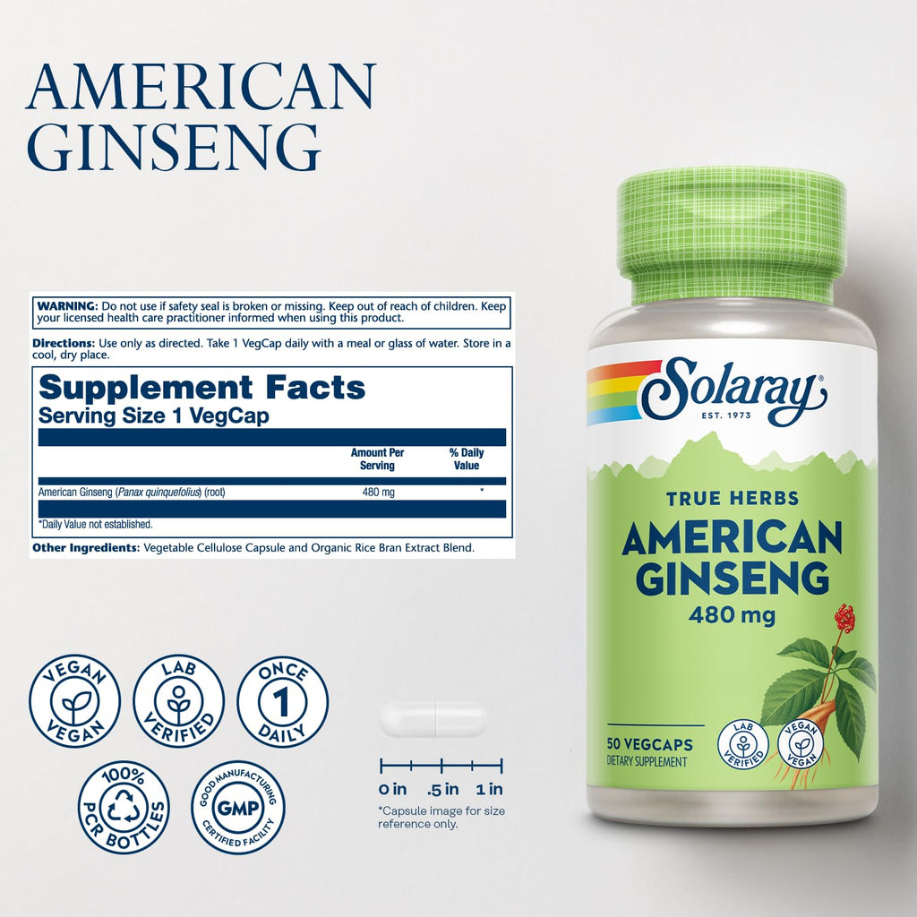 SOLARAY American Ginseng 480 mg | Adaptogenic Herb for Stress, Energy & Endurance | 50 VegCaps