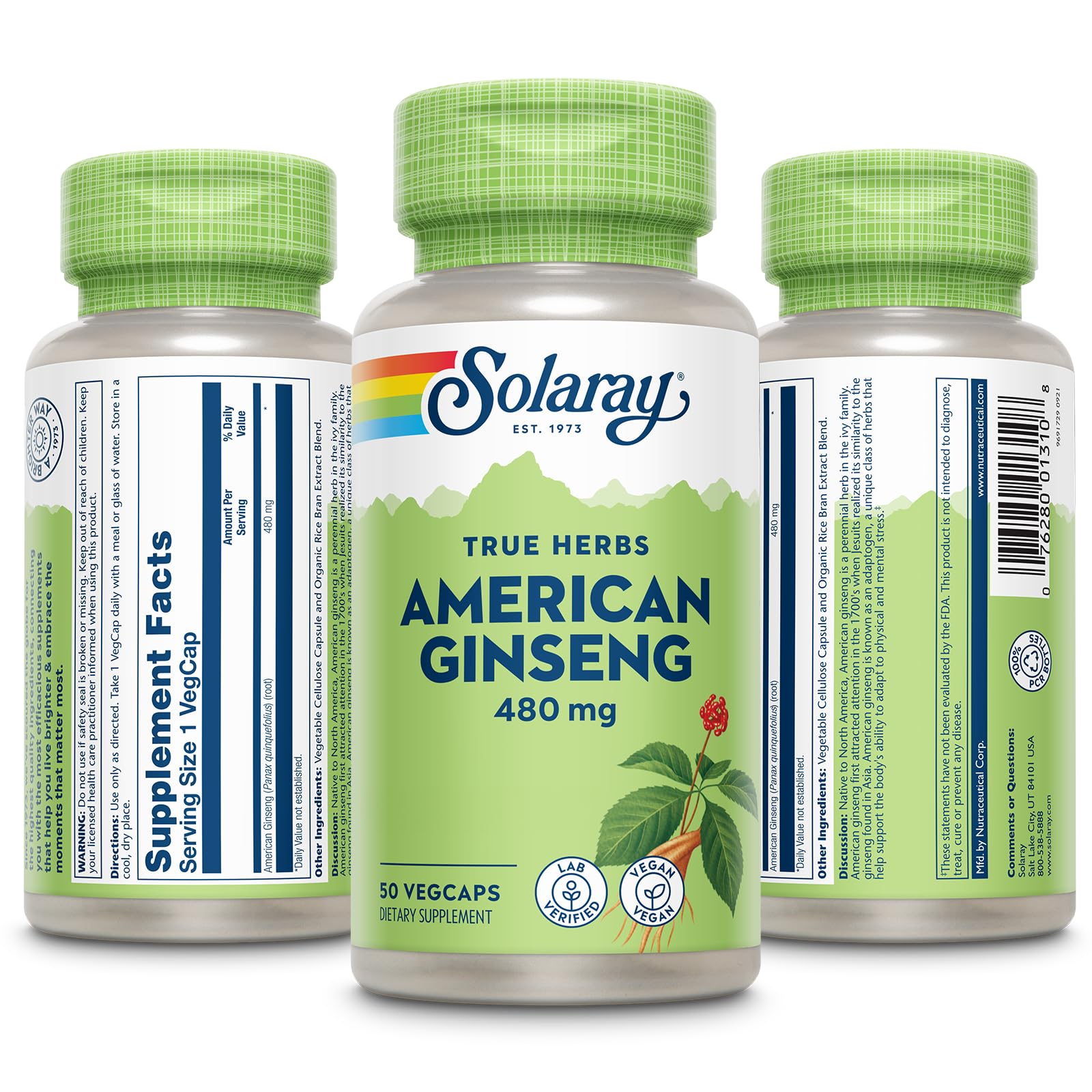 SOLARAY American Ginseng 480 mg | Adaptogenic Herb for Stress, Energy & Endurance | 50 VegCaps