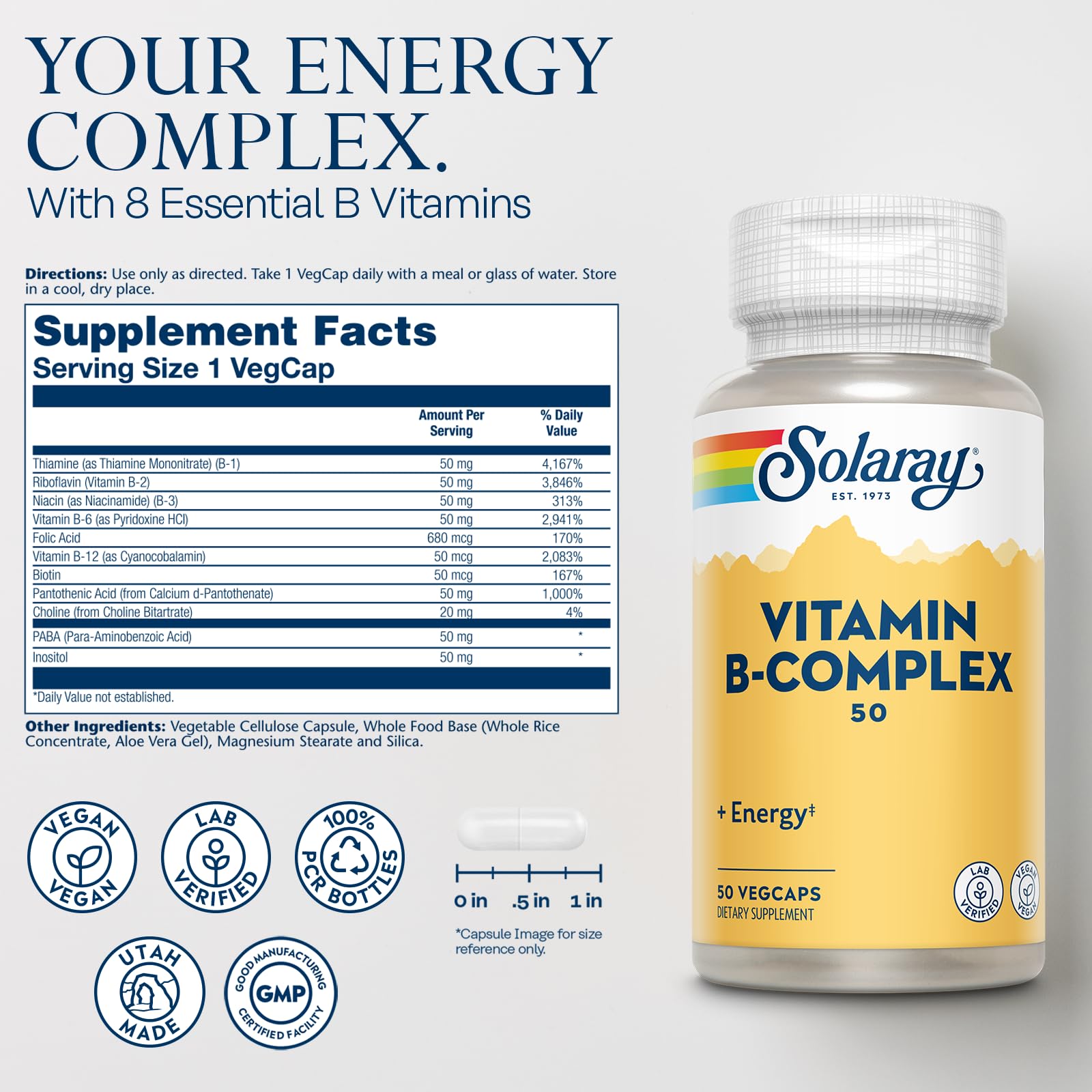 SOLARAY Vitamin B Complex 50 mg - Energy & Nerve Support | Vegan 50 VegCaps