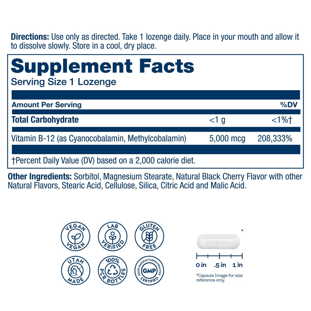 SOLARAY High Potency Vitamin B12 Lozenges 5000mcg – Methylcobalamin (Methyl B12), Vegan, Gluten Free