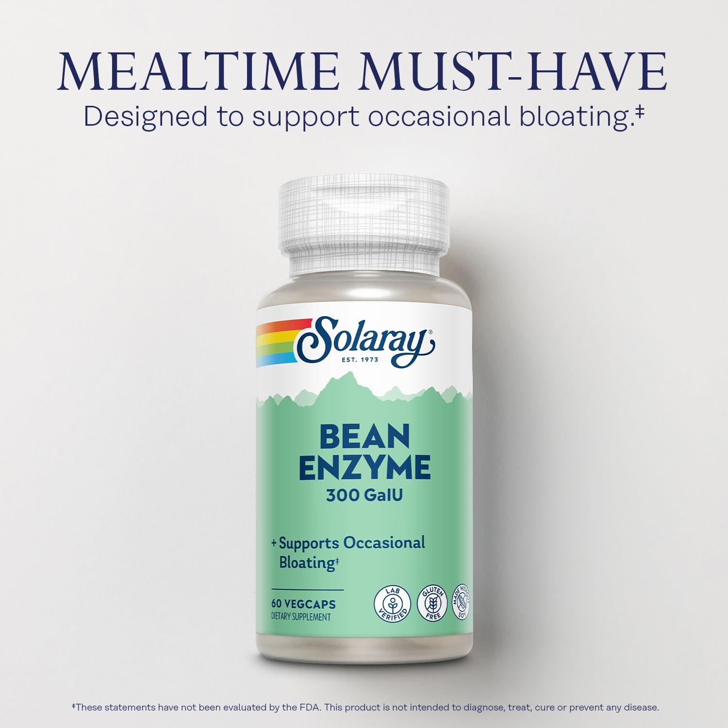 SOLARAY Bean Enzyme 300 GalU Alpha-Galactosidase – Digestive Enzymes for Bloating Relief, 60 VegCaps