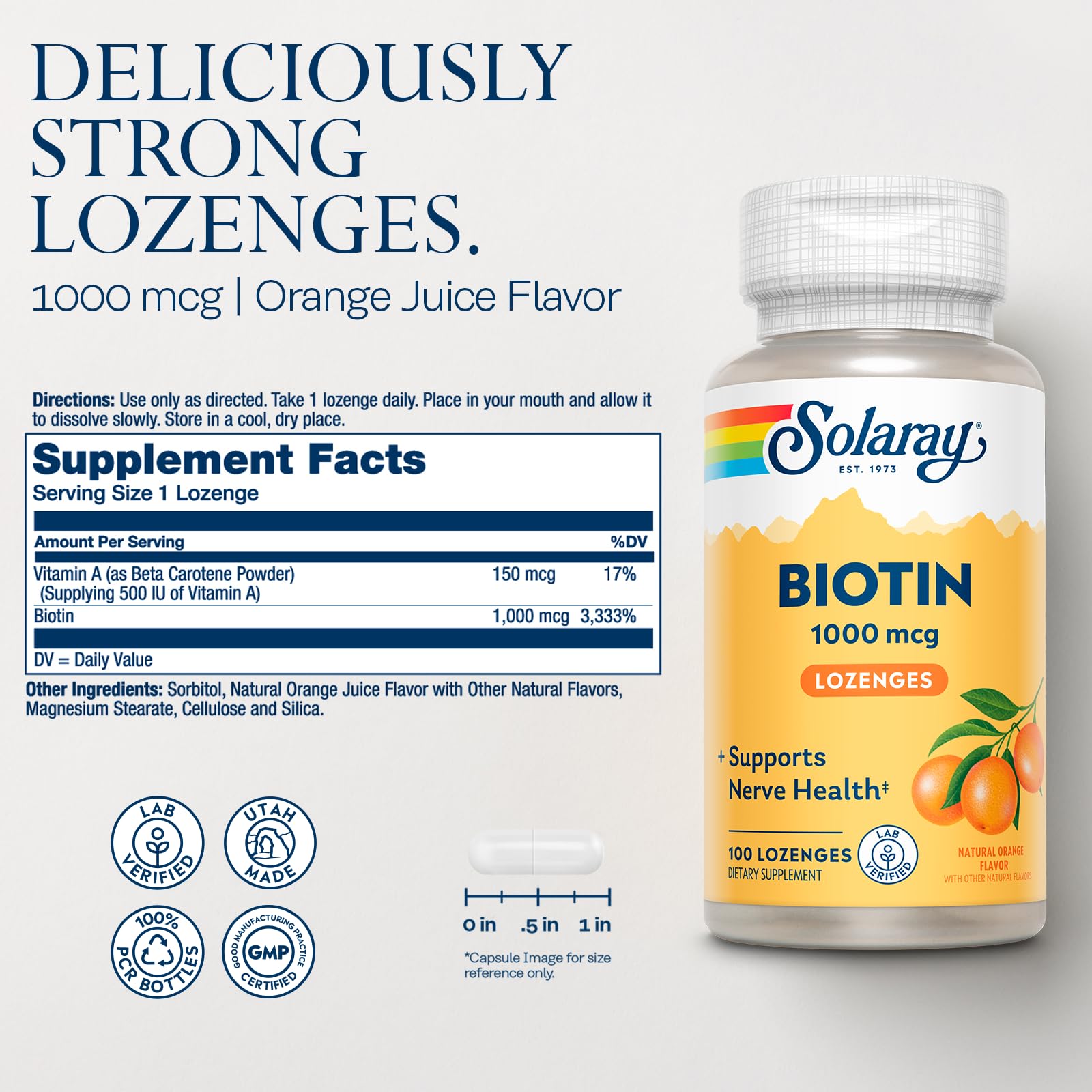 SOLARAY Biotin 1000mcg Lozenges – Vitamin B7 with Vitamin A, Orange Flavor | 60-Day Guarantee, 100 Servings