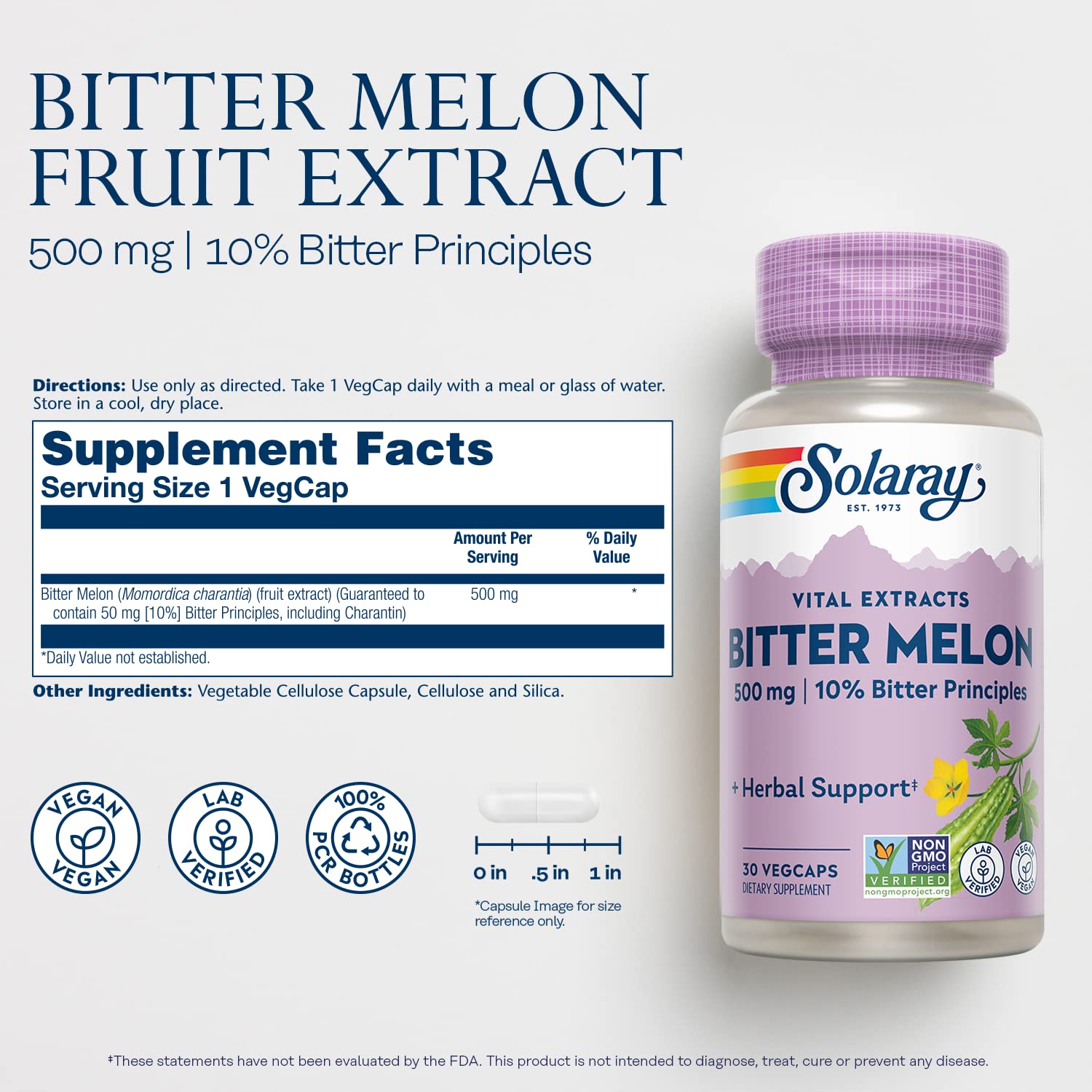SOLARAY Bitter Melon Fruit Extract | 50 mg Bitter Principles (Charantin), Vegan, 30 VegCaps