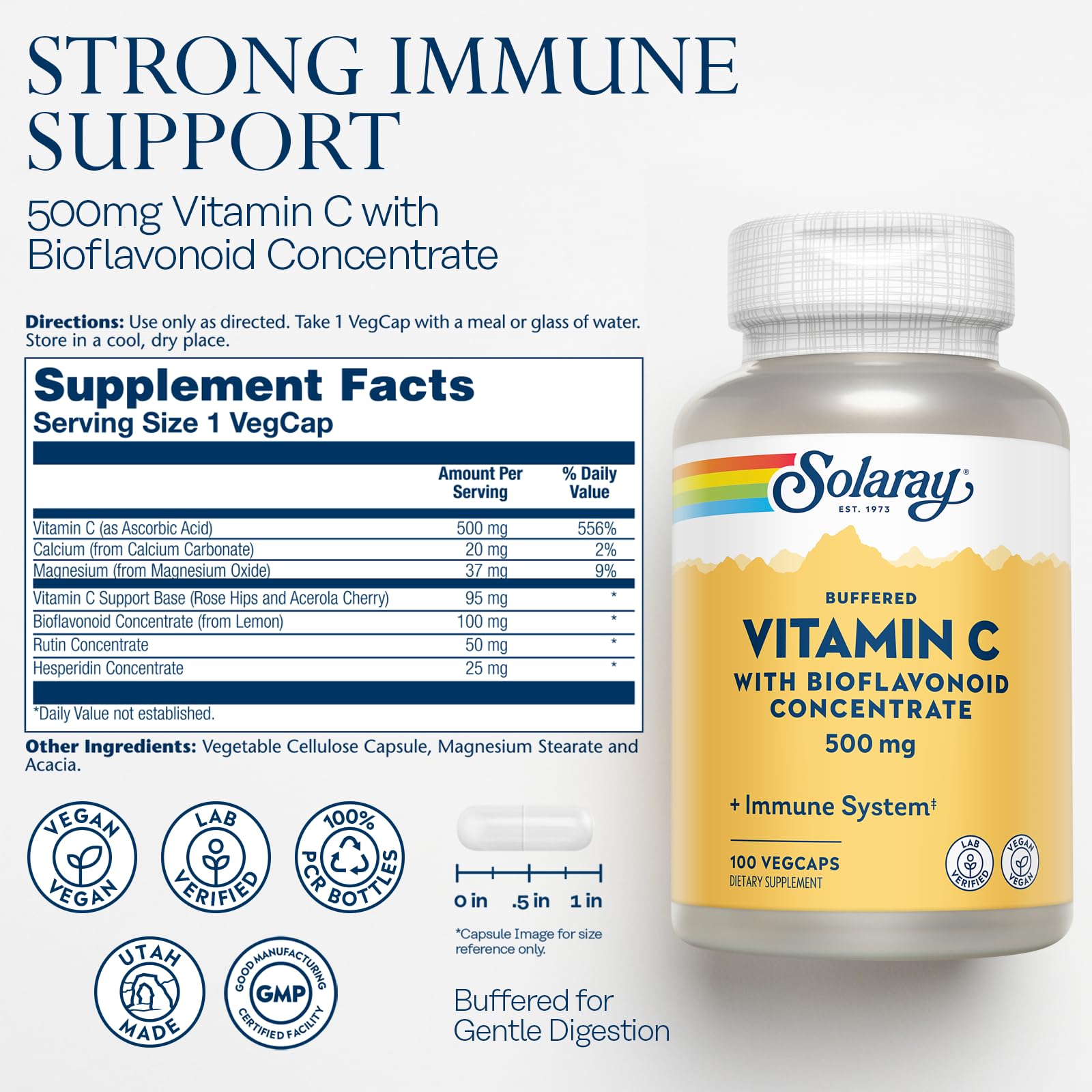SOLARAY Buffered Vitamin C 500mg with Bioflavonoids – Immune Support | 100 Servings, 100 VegCaps, Vegan