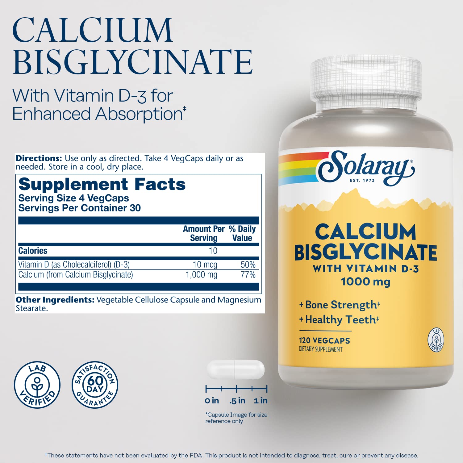 Solaray Calcium Bisglycinate 1000mg with Vitamin D-3 | Chelated Calcium for Strong Bones