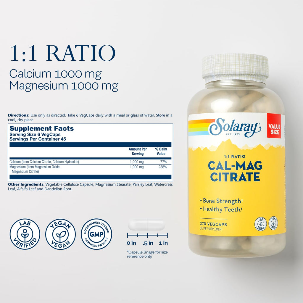 Solaray Calcium Magnesium Citrate 1000mg 1:1 | Bone, Muscle & Nerve Health | 270 VegCaps