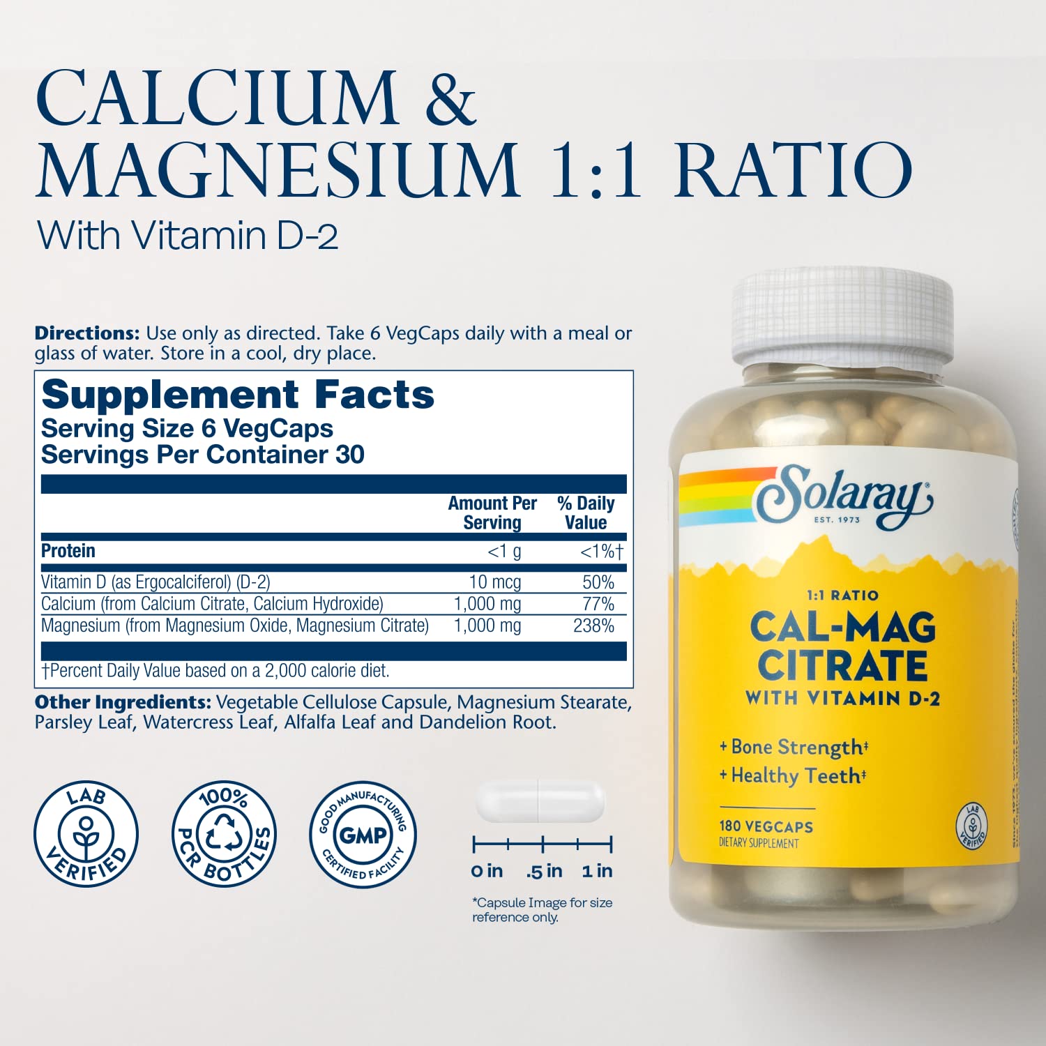SOLARAY Calcium Magnesium Citrate 1:1 with Vitamin D - 180 VegCaps
