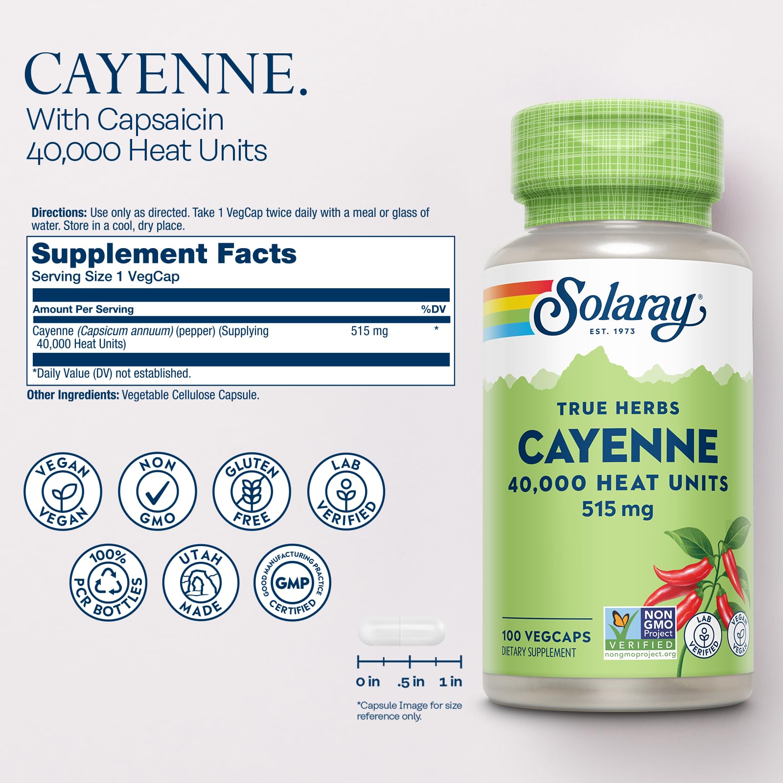 SOLARAY Cayenne Pepper Capsules with Capsaicin – 40,000 SHU per VegCap | Vegan, Non-GMO, Gluten-Free