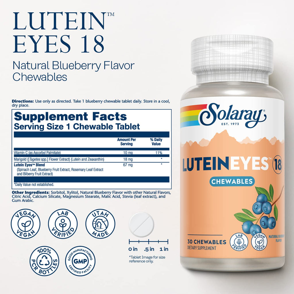 SOLARAY Chewable Lutein Eyes 18 – Eye & Macular Health Support Supplement | Non-GMO | 30 Chewables