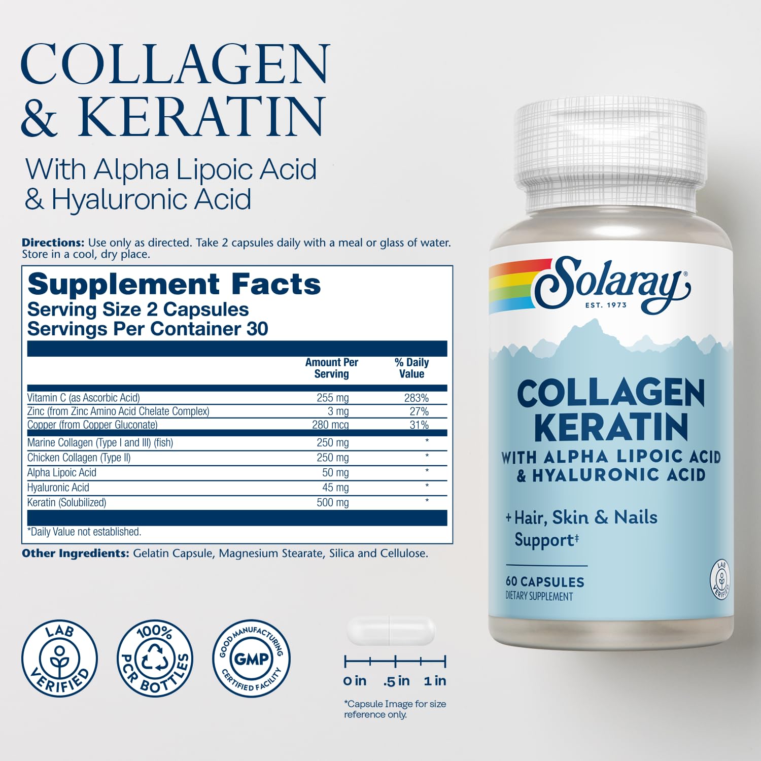 SOLARAY Collagen Keratin with Alpha Lipoic Acid & Hyaluronic Acid – Type I, II & III Collagen Pills for Hair, Skin, Nails & Joint Health | 60 Capsules