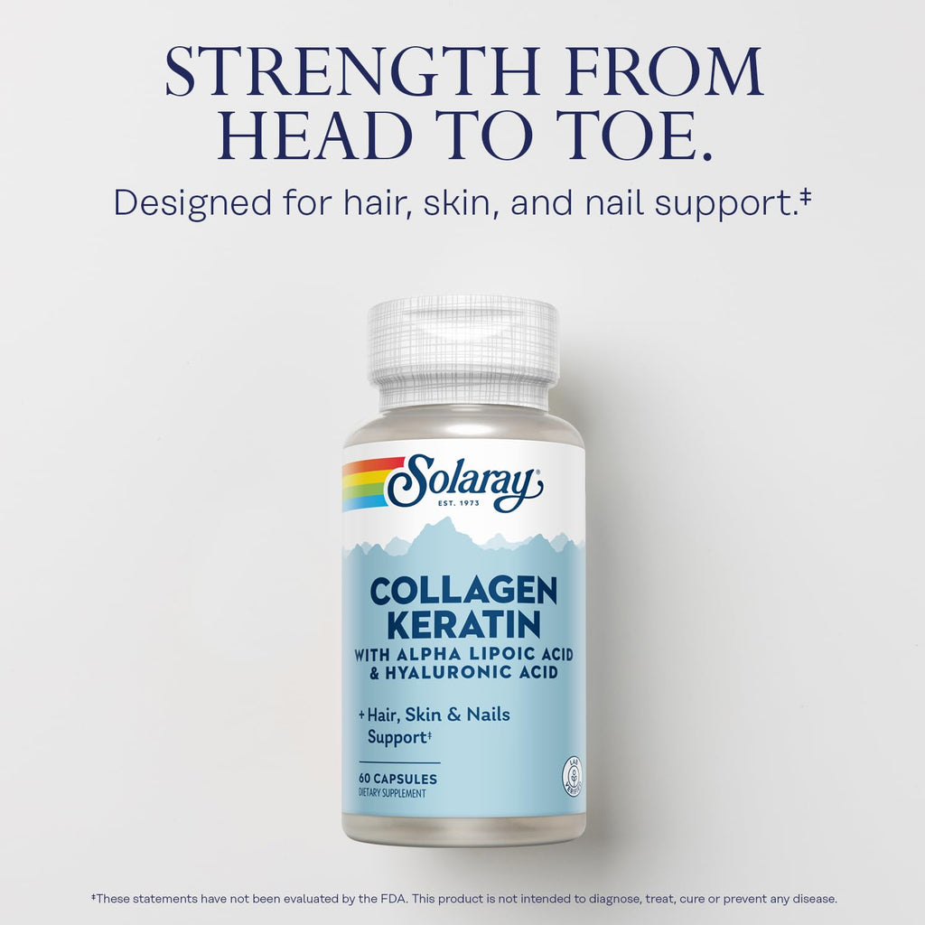 SOLARAY Collagen Keratin with Alpha Lipoic Acid & Hyaluronic Acid – Type I, II & III Collagen Pills for Hair, Skin, Nails & Joint Health | 60 Capsules