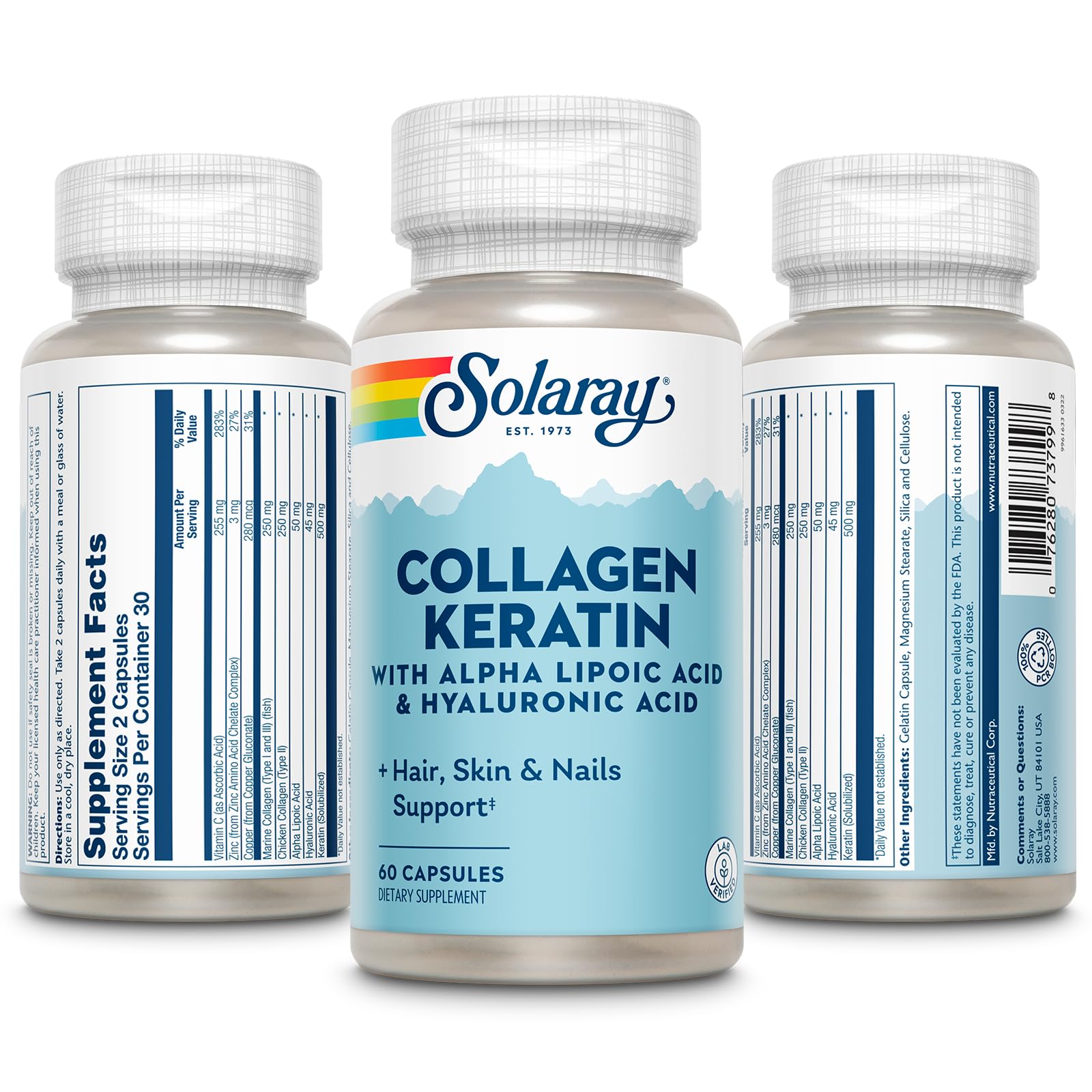 SOLARAY Collagen Keratin with Alpha Lipoic Acid & Hyaluronic Acid – Type I, II & III Collagen Pills for Hair, Skin, Nails & Joint Health | 60 Capsules