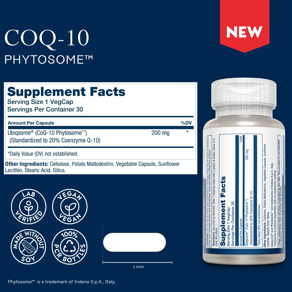 SOLARAY CoQ-10 Phytosome 200mg – 9X Absorption, Vegan, Soy-Free | 60-Day Guarantee | 30 Servings