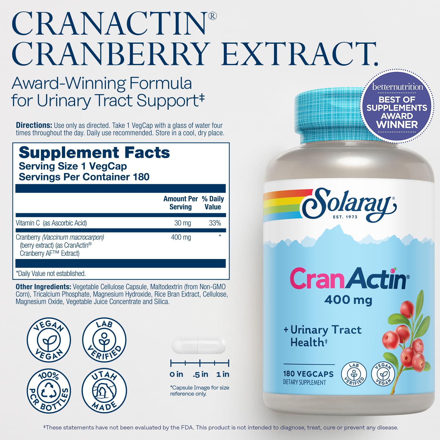 Solaray Cranactin Cranberry AF Extract Capsules 400 mg – 180 Count