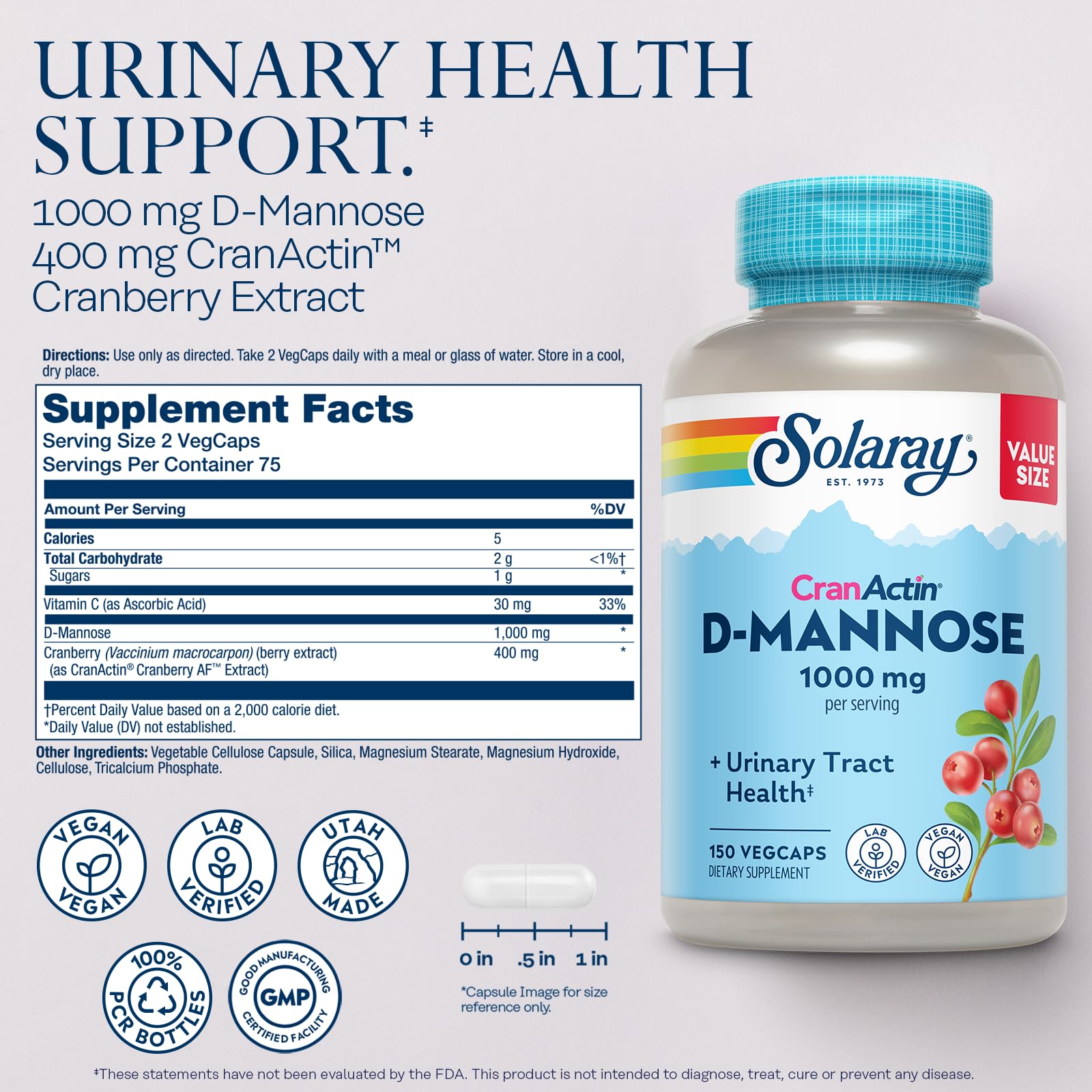 Solaray D-Mannose 1000mg with CranActin Cranberry – Urinary Health Support, Vegan, 150 VegCaps
