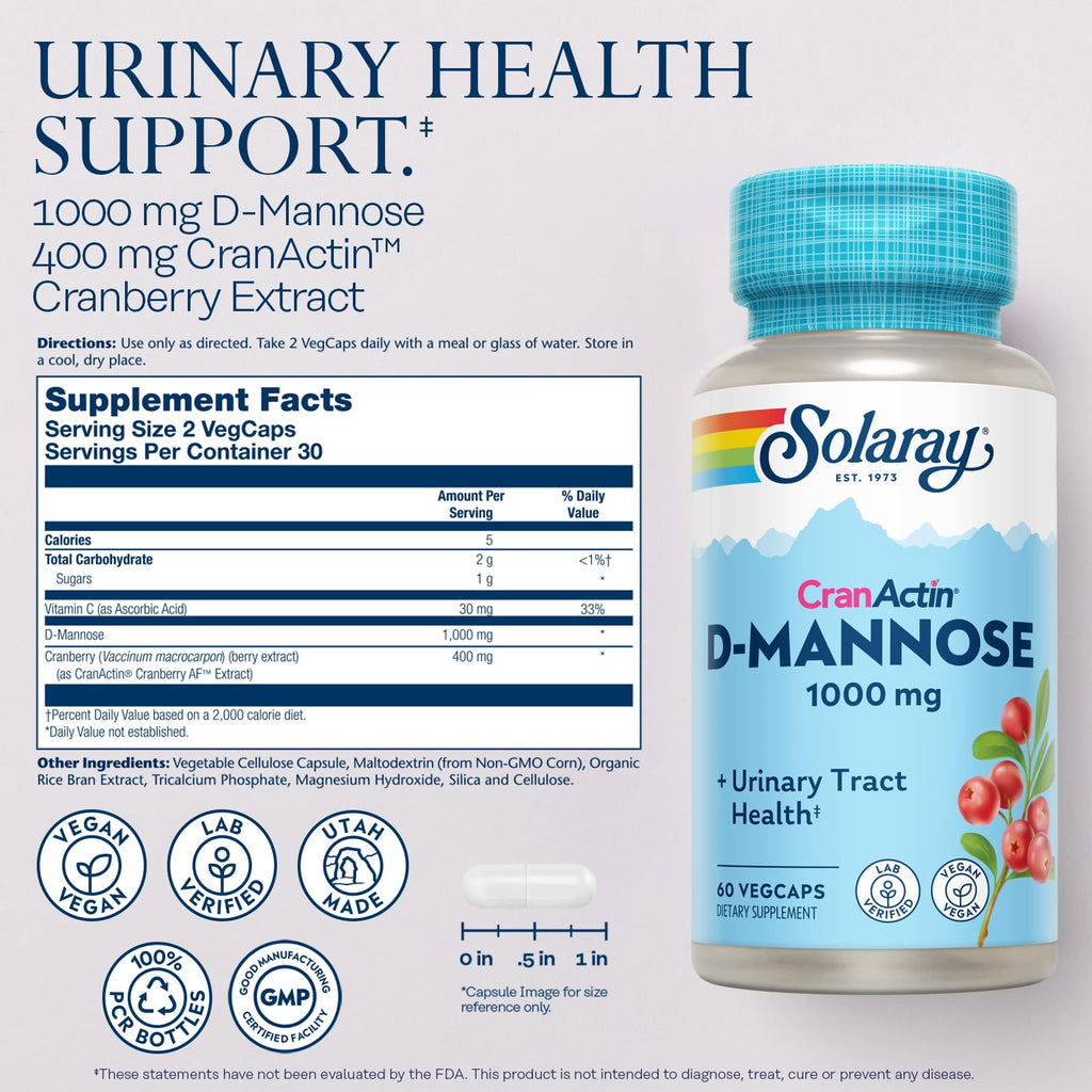 Solaray D-Mannose 1000mg with CranActin Cranberry | UTI Support (Vegan)