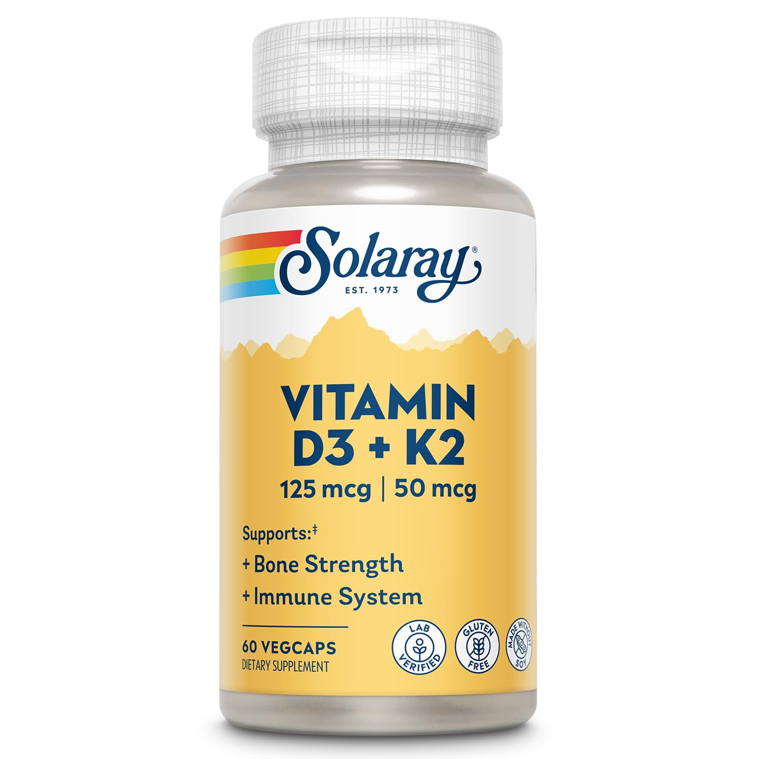 SOLARAY Vitamin D3 K2 - Bone Health & Immune Support | 5000 IU D3, 50 mcg MK-7, Soy-Free, 60 VegCaps, 60-Day Guarantee